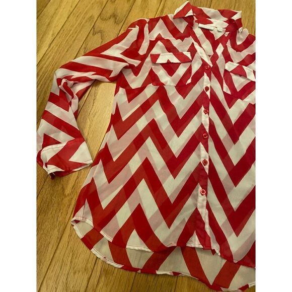 New York & Company, women's white/pink chevron pattern sheer button down size sm - Picture 2 of 7